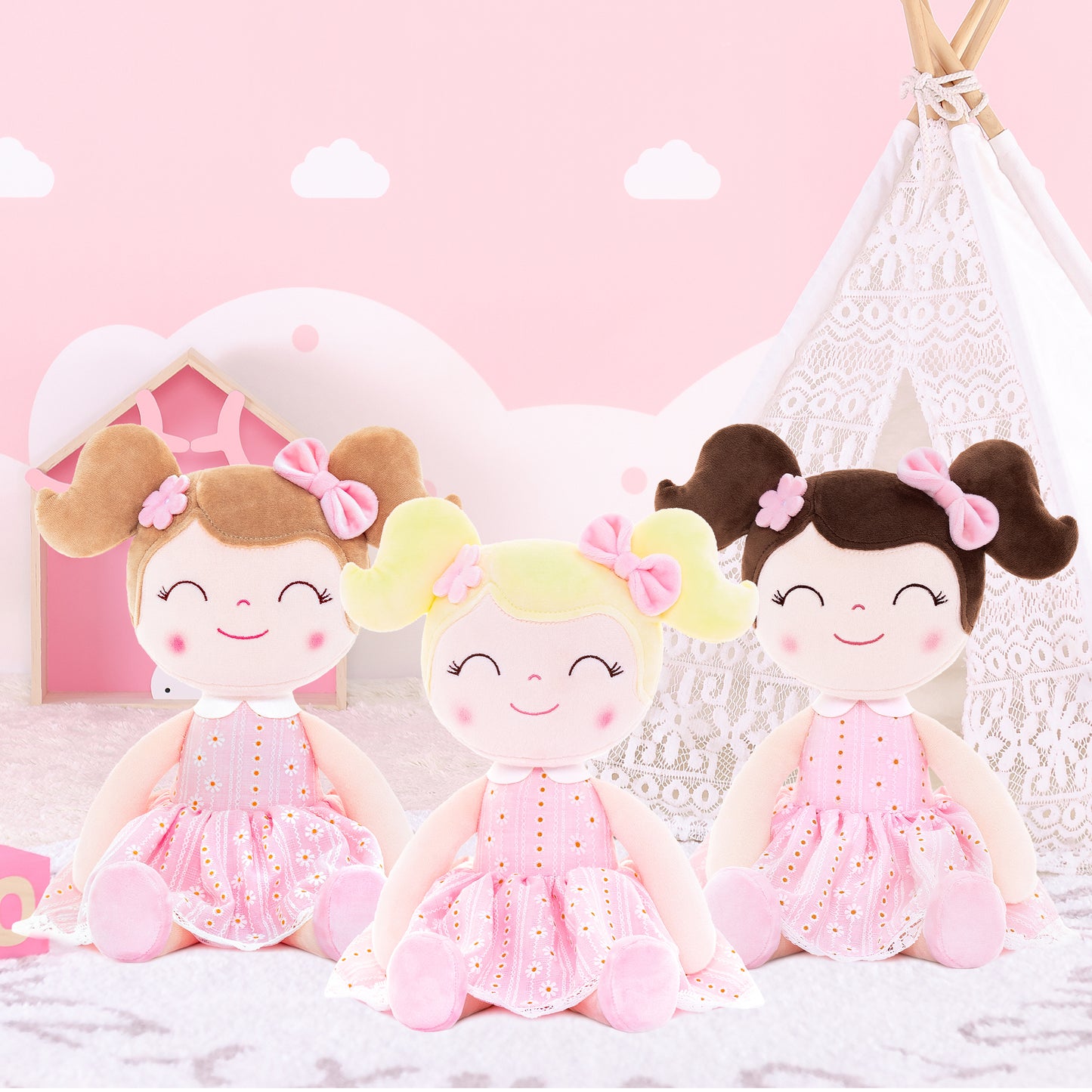 Personalized Plush Doll – Dark Brown Hair with a Pastel Pink Dress