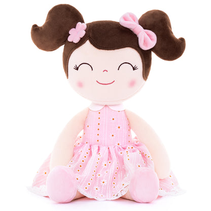 Personalized Plush Doll – Dark Brown Hair with a Pastel Pink Dress