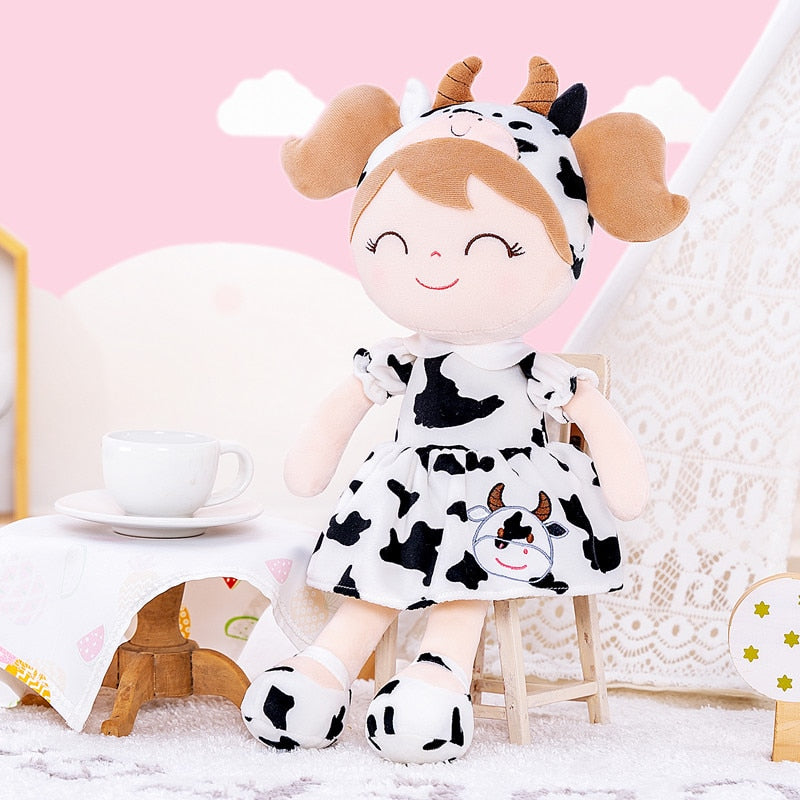 Personalized Plush Cow Doll – Light Brown Hair with a Cow Print Dress