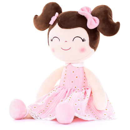 Personalized Plush Doll – Dark Brown Hair with a Pastel Pink Dress