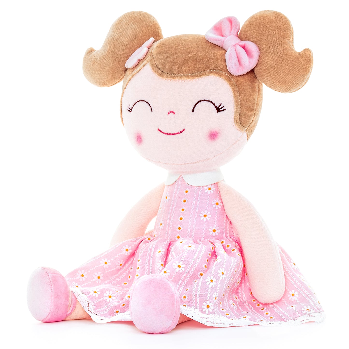 Personalized Plush Doll – Light Brown Hair with a Pastel Pink Dress