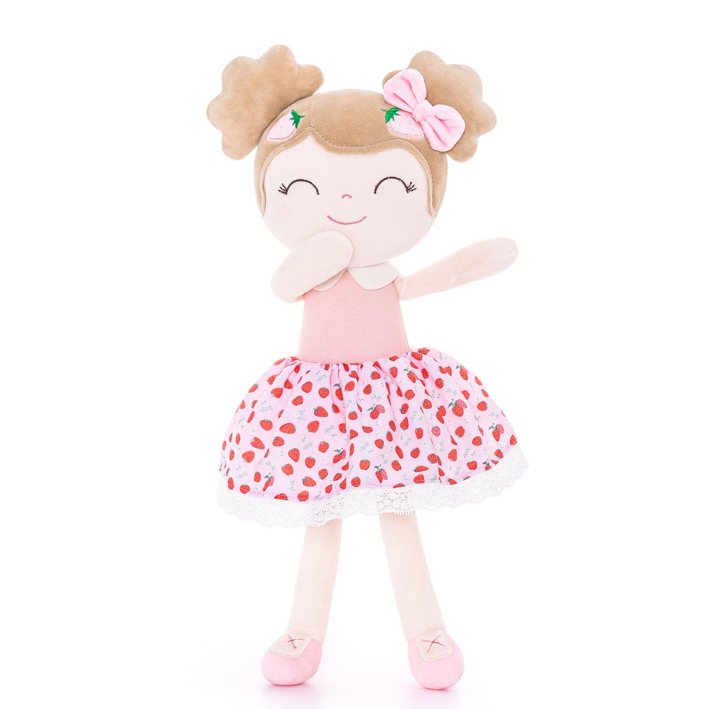 Personalized Plush Doll – Light Brown Hair with a Strawberry Dress