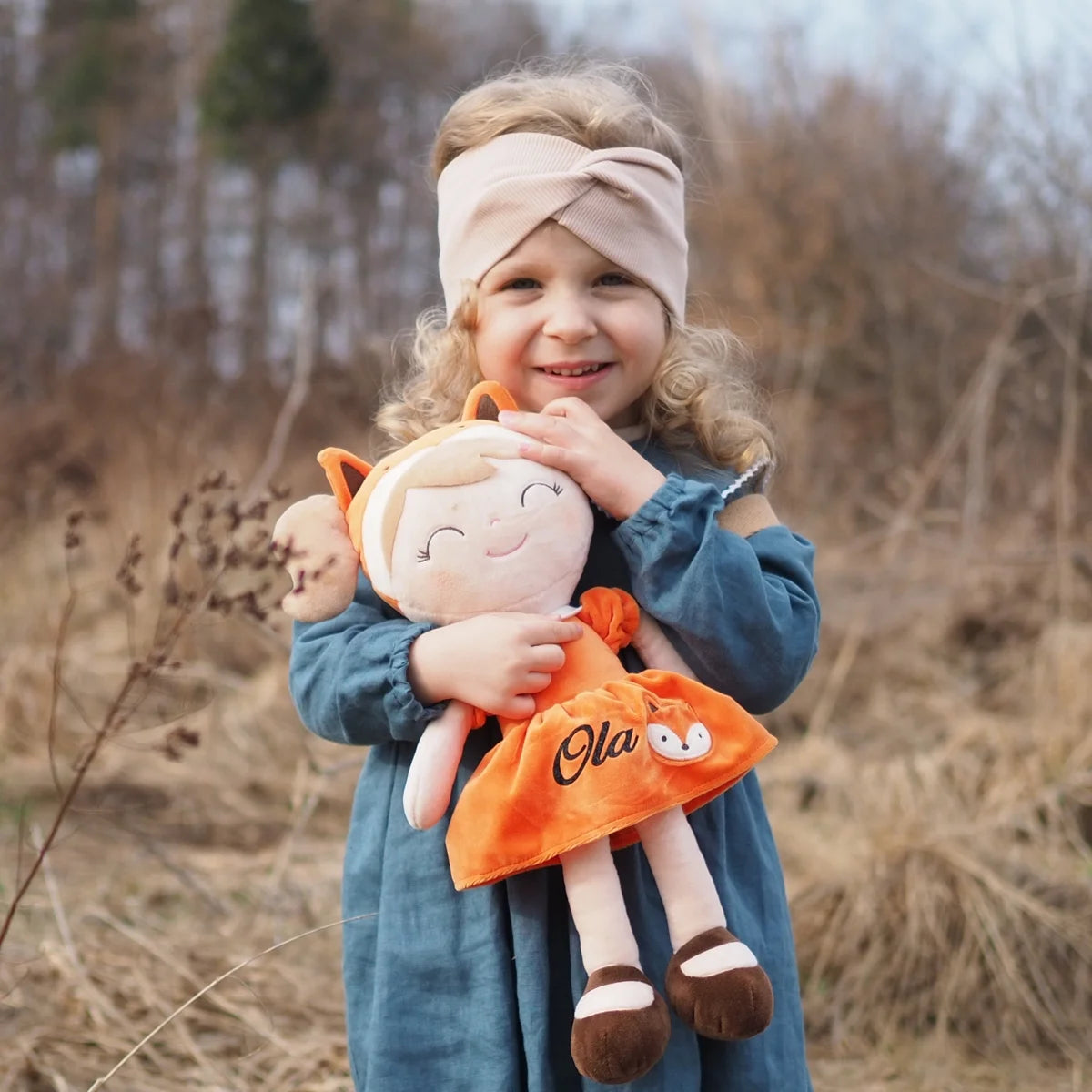 Personalized Plush Fox Doll – Light Brown Hair with an Orange Dress