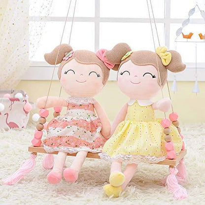 Personalized Plush Doll – Light Brown Hair with a Coral Stripe Dress