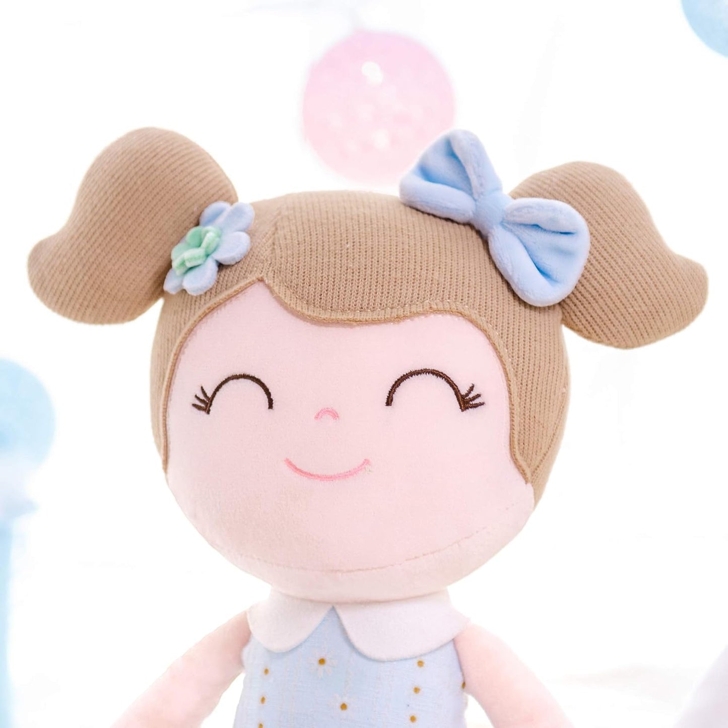 Personalized Spring Blue Plush Doll – Light Brown Hair with Light Blue Dress