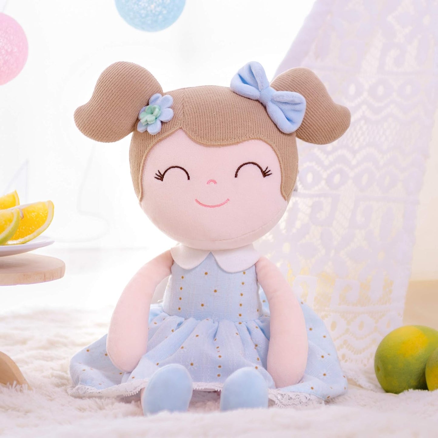 Personalized Spring Blue Plush Doll – Light Brown Hair with Light Blue Dress