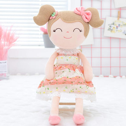 Personalized Plush Doll – Light Brown Hair with a Coral Stripe Dress