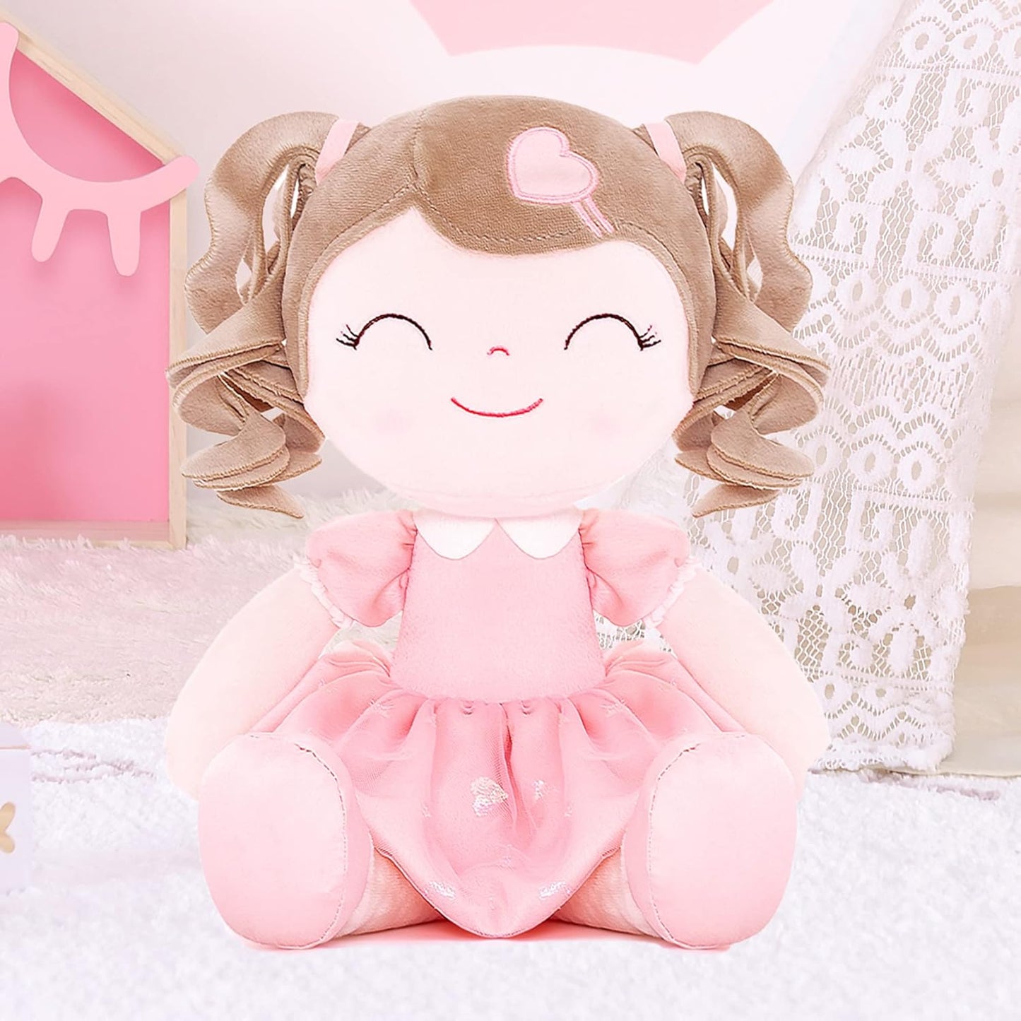 Personalized Plush Doll – Light Brown Curly Hair with a Pink Dress