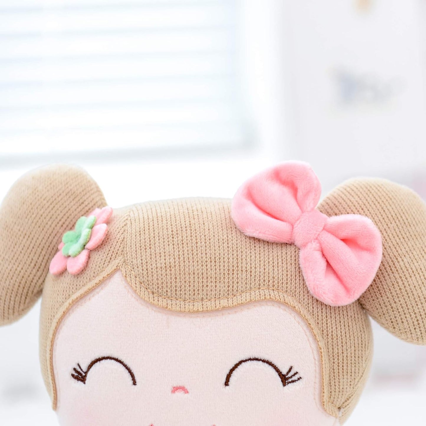 Personalized Plush Doll – Light Brown Hair with a Coral Stripe Dress