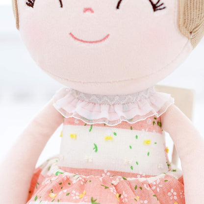 Personalized Plush Doll – Light Brown Hair with a Coral Stripe Dress