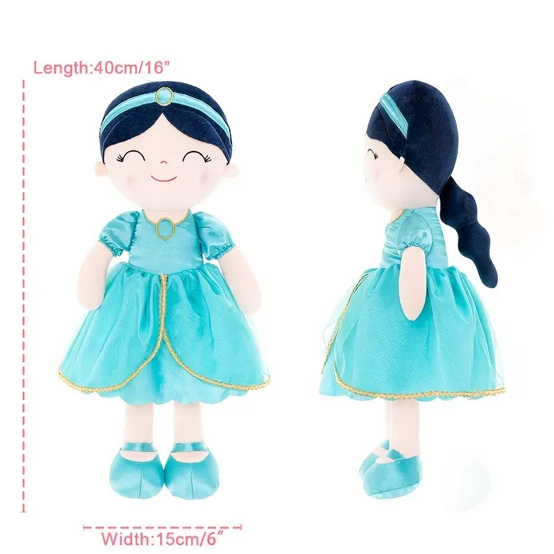 Personalized Princess Plush Doll – Black Hair with a Teal Dress