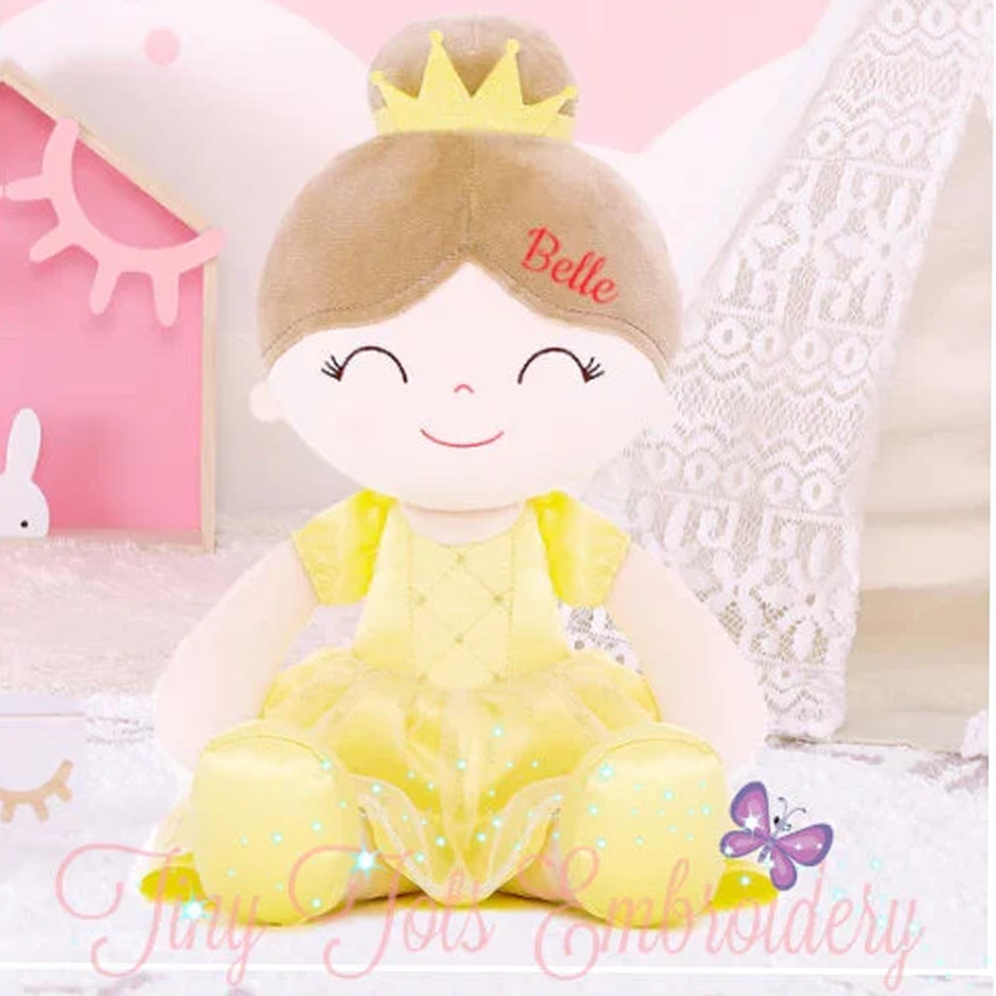 Personalized Princess Plush Doll – Brown Hair with a Yellow Dress