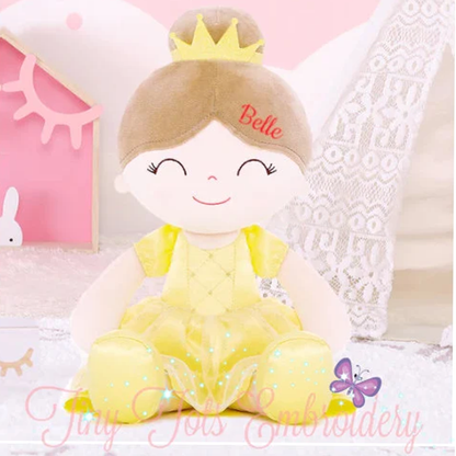 Personalized Princess Plush Doll – Brown Hair with a Yellow Dress