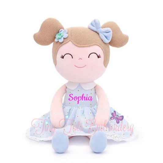 Personalized Spring Blue Plush Doll – Light Brown Hair with Light Blue Dress