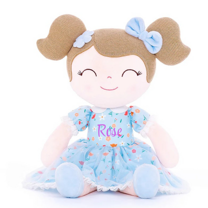 Personalized Plush Doll – Light Brown Hair with a Blue Floral Dress