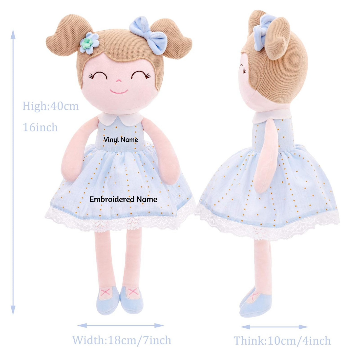 Personalized Spring Blue Plush Doll – Light Brown Hair with Light Blue Dress