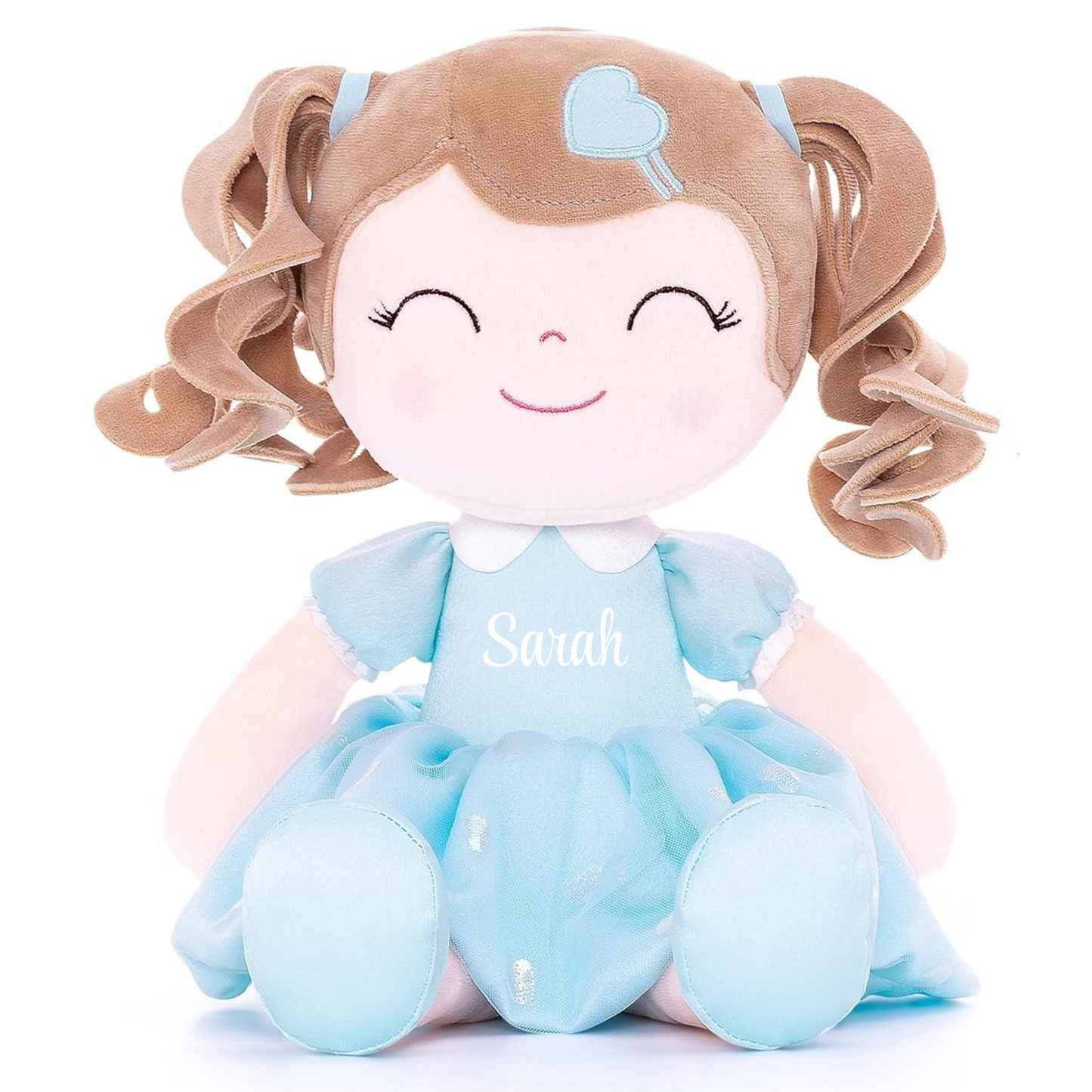 Personalized Plush Doll – Light Brown Curly Hair with a Blue Dress