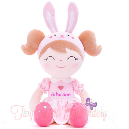 Personalized Plush Bunny Doll – Light Brown Hair with a Pink Dress