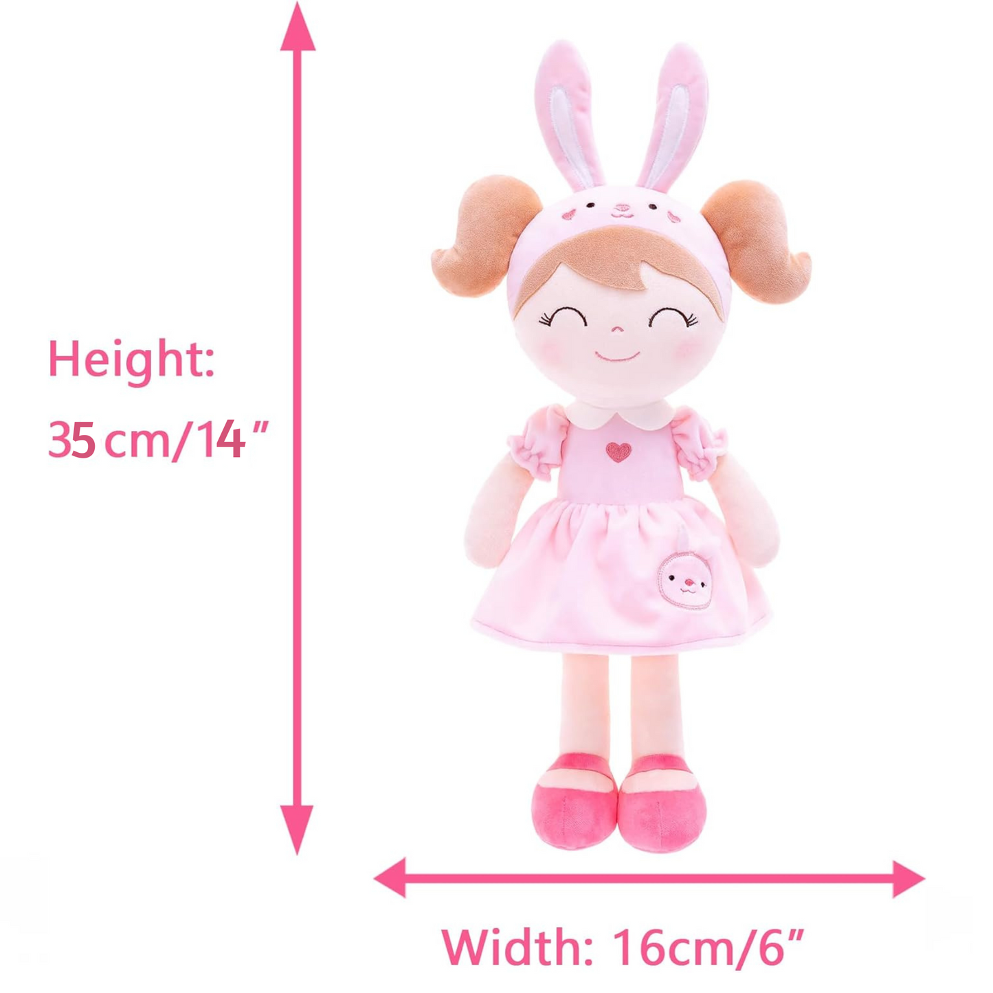 Personalized Plush Bunny Doll – Light Brown Hair with a Pink Dress