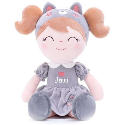 Personalized Plush Cat Doll – Light Brown Hair with a Cat Dress