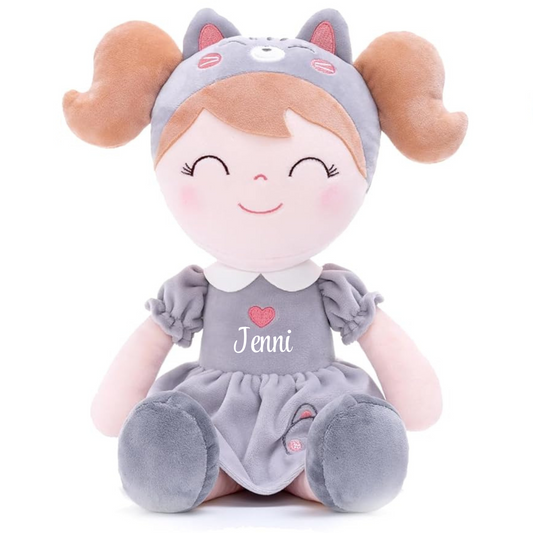 Personalized Plush Cat Doll – Light Brown Hair with a Cat Dress