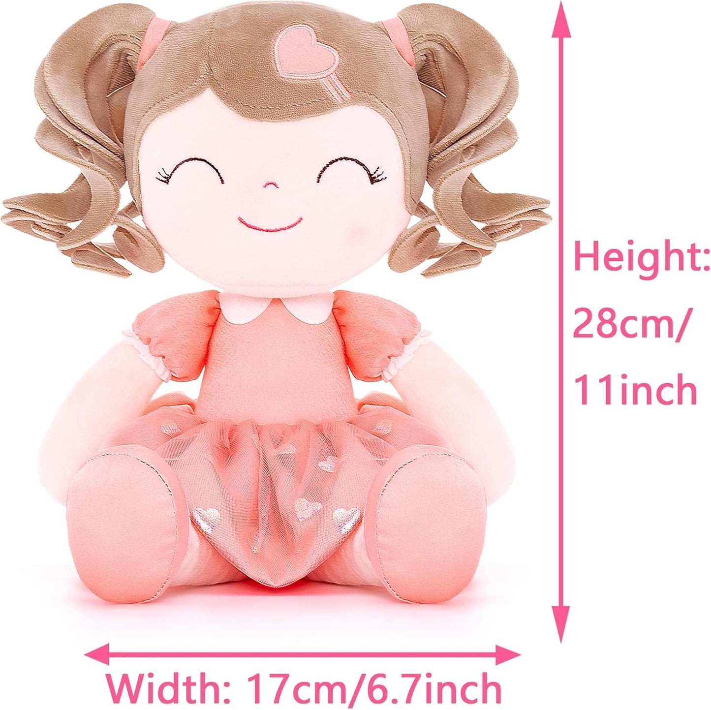 Personalized Plush Doll – Light Brown Curly Hair with a Coral Dress