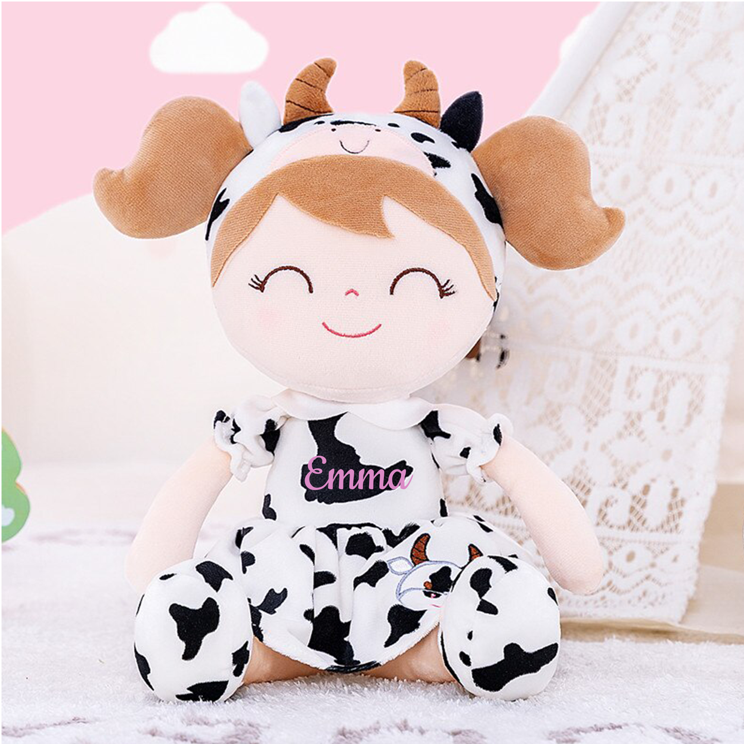 Personalized Plush Cow Doll – Light Brown Hair with a Cow Print Dress