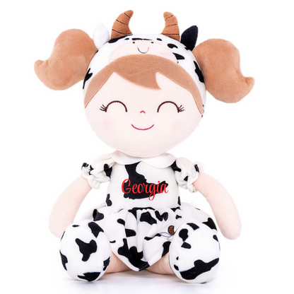 Personalized Plush Cow Doll – Light Brown Hair with a Cow Print Dress