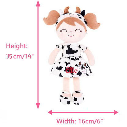 Personalized Plush Cow Doll – Light Brown Hair with a Cow Print Dress