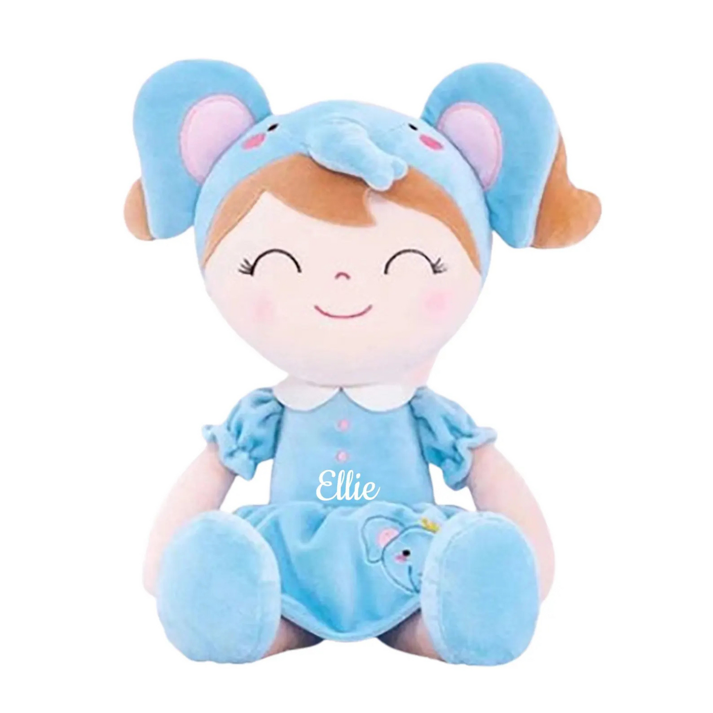 Personalized Plush Elephant Doll – Light Brown Hair with a Gray-Blue Dress