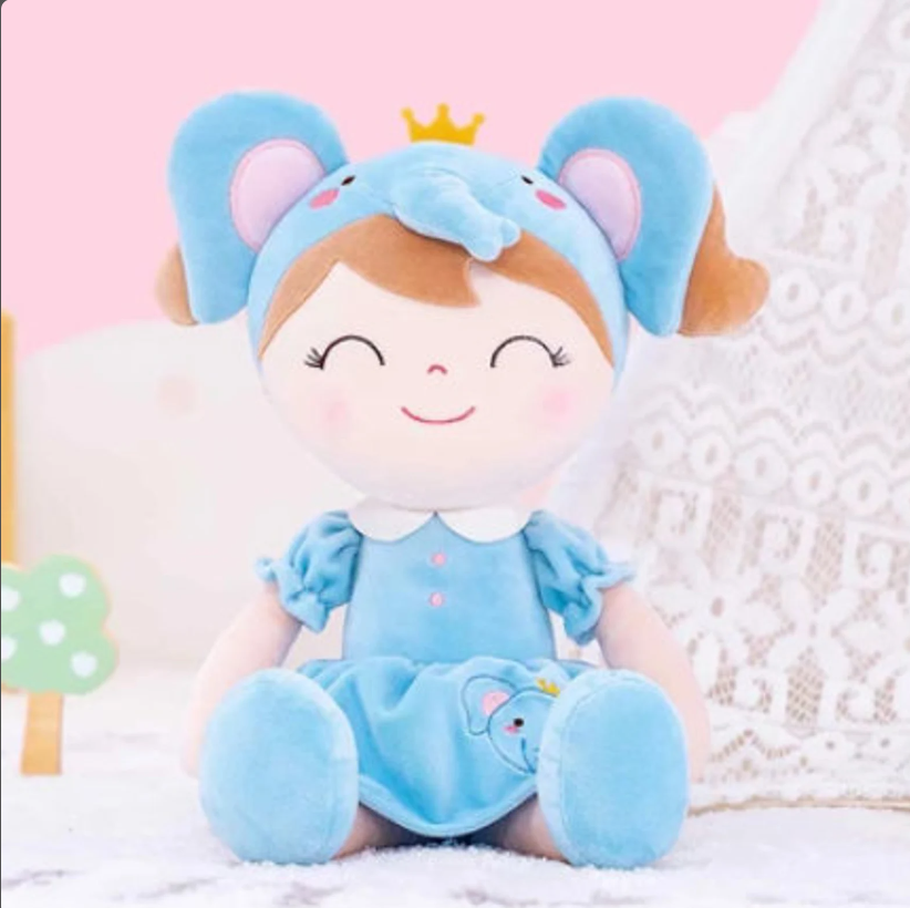 Personalized Plush Elephant Doll – Light Brown Hair with a Gray-Blue Dress