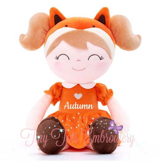 Personalized Plush Fox Doll – Light Brown Hair with an Orange Dress