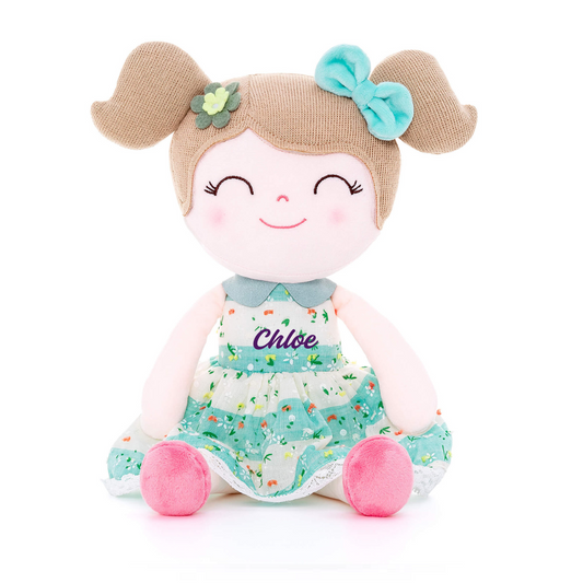 Personalized Plush Doll – Light Brown Hair with a Green Stripe Dress