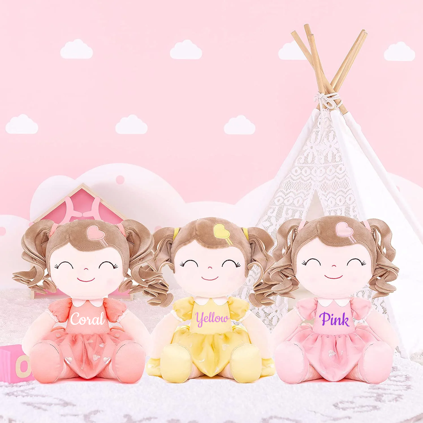 Personalized Plush Doll – Light Brown Curly Hair with a Pink Dress