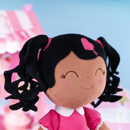 Personalized African American Plush Doll – Black Curly Hair with a Pink Dress