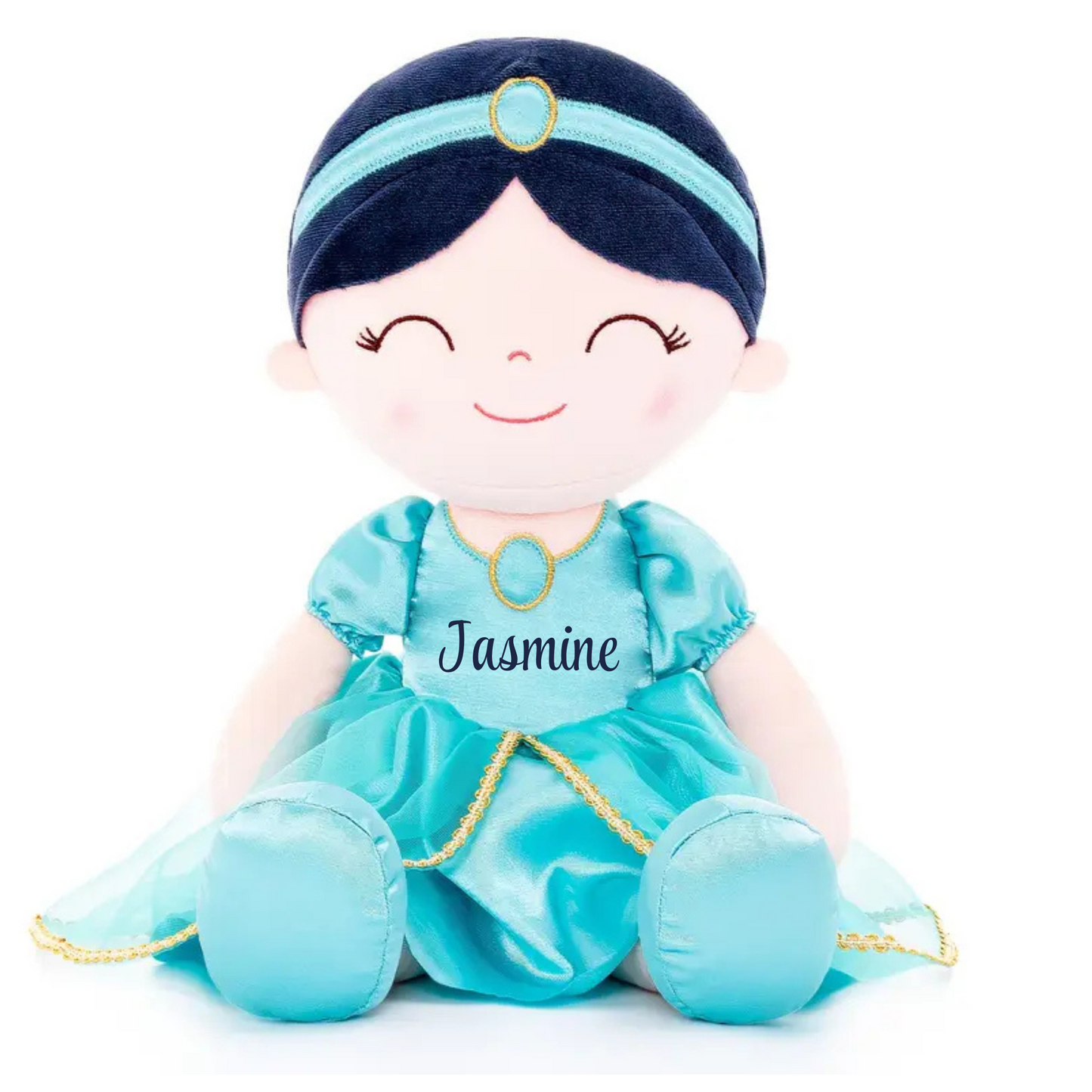 Personalized Princess Plush Doll – Black Hair with a Teal Dress