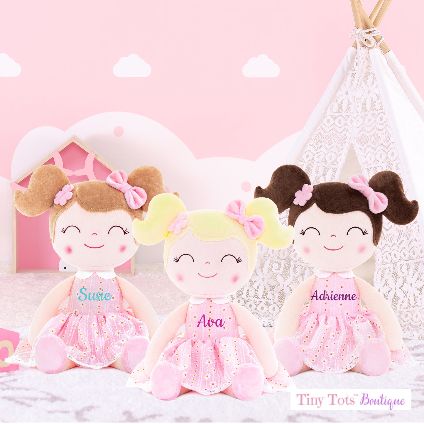 Personalized Plush Doll – Dark Brown Hair with a Pastel Pink Dress