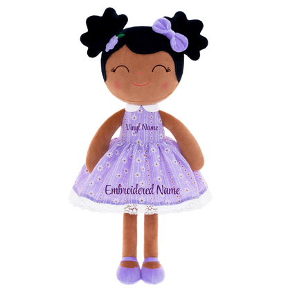 Personalized African American Plush Doll – Black Hair with a Lilac Dress