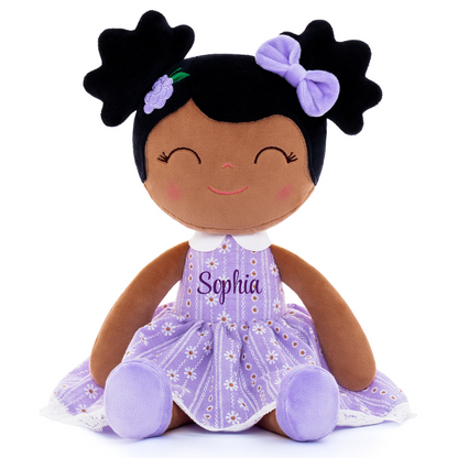 Personalized African American Plush Doll – Black Hair with a Lilac Dress