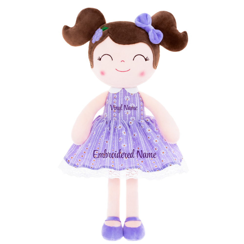 Personalized Plush Doll – Dark Brown Hair with a Lilac Dress