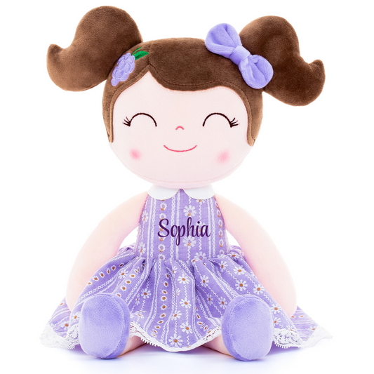 Personalized Plush Doll – Dark Brown Hair with a Lilac Dress