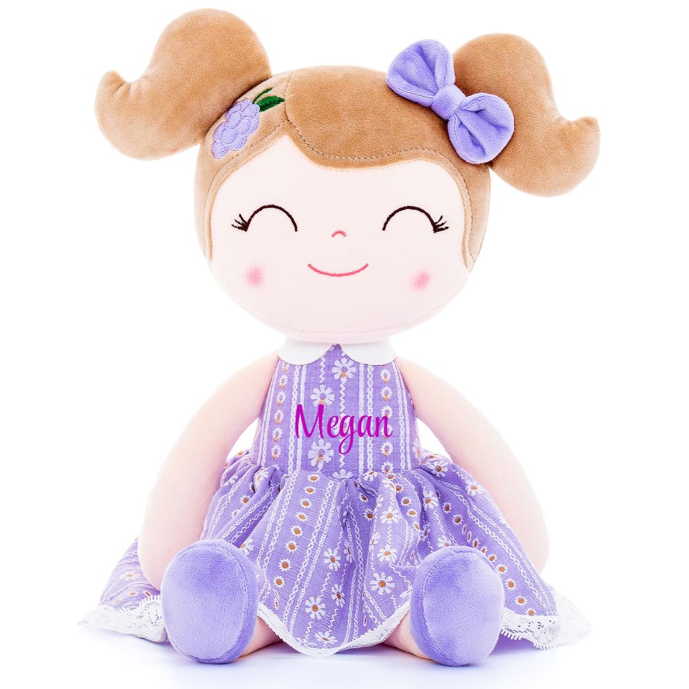 Personalized Plush Doll – Light Brown Hair with a Lilac Dress