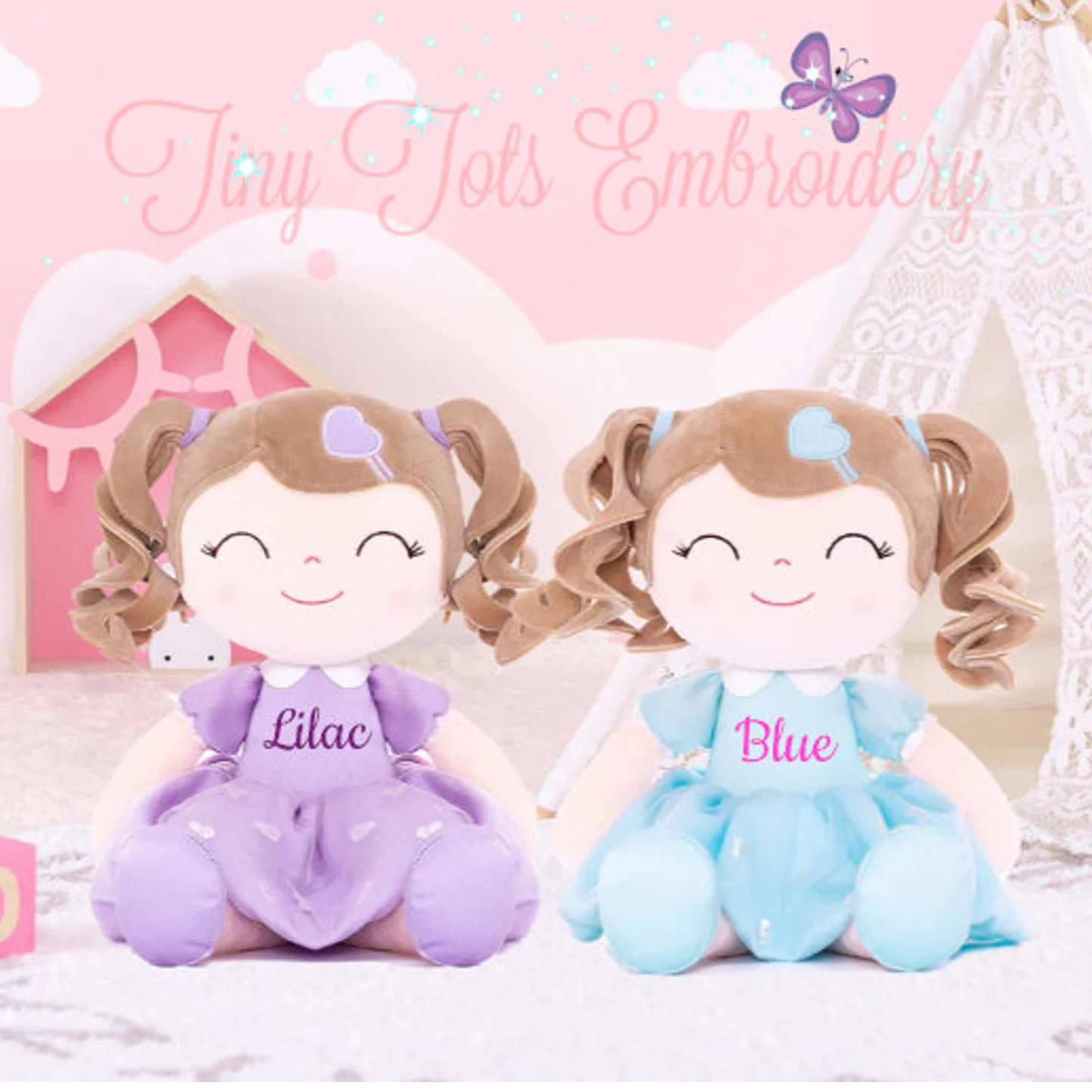 Personalized Plush Doll – Light Brown Curly Hair with a Pink Dress