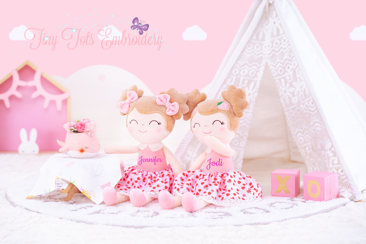 Personalized Plush Doll – Light Brown Hair with a Strawberry Dress