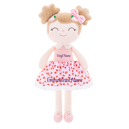 Personalized Plush Doll – Light Brown Hair with a Strawberry Dress