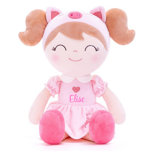 Personalized Plush Pig Doll – Light Brown Hair with a Pink Dress