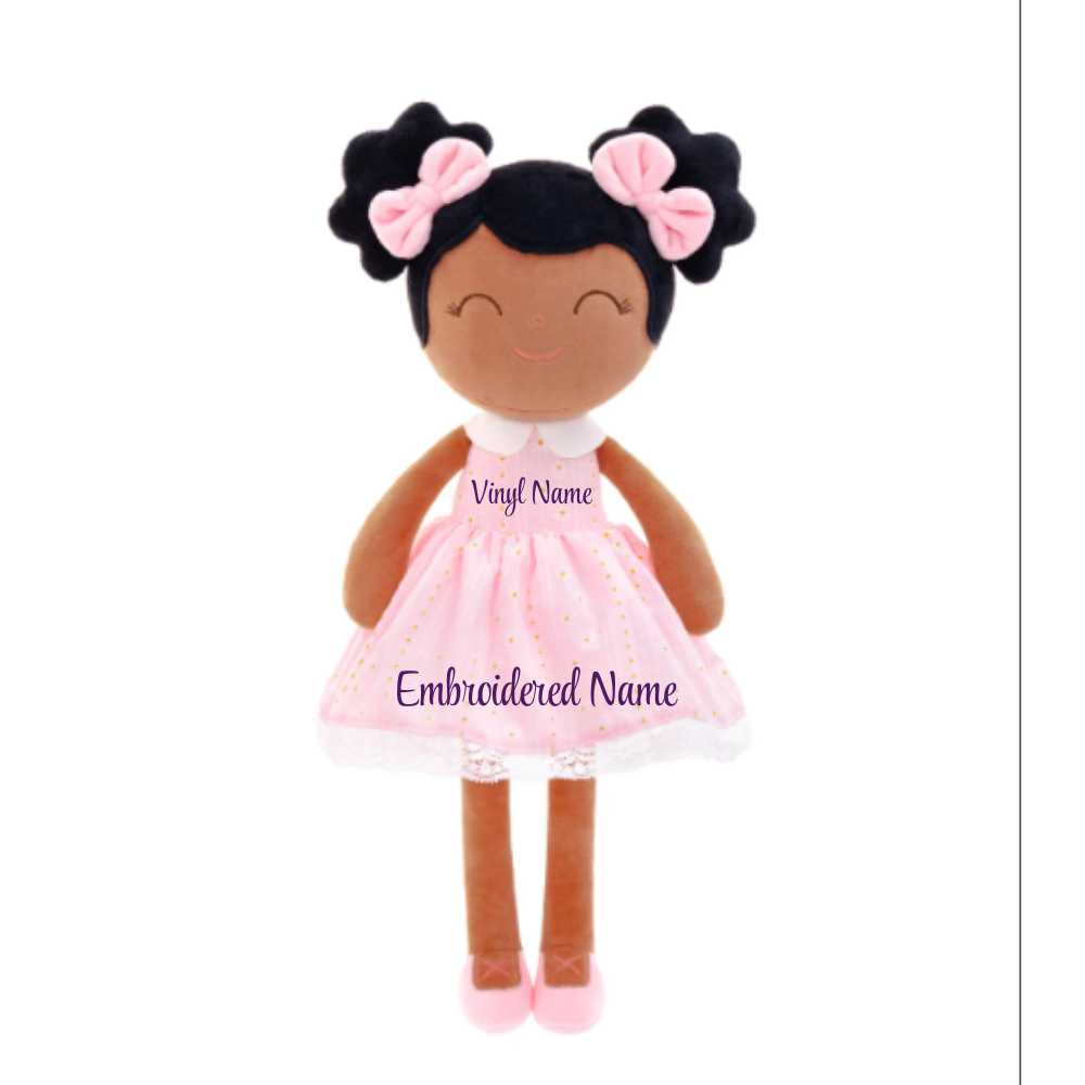 Personalized African American Plush Doll – Black Hair with a Pastel Pink Dress