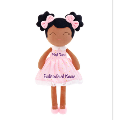 Personalized African American Plush Doll – Black Hair with a Pastel Pink Dress