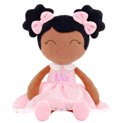 Personalized African American Plush Doll – Black Hair with a Pastel Pink Dress