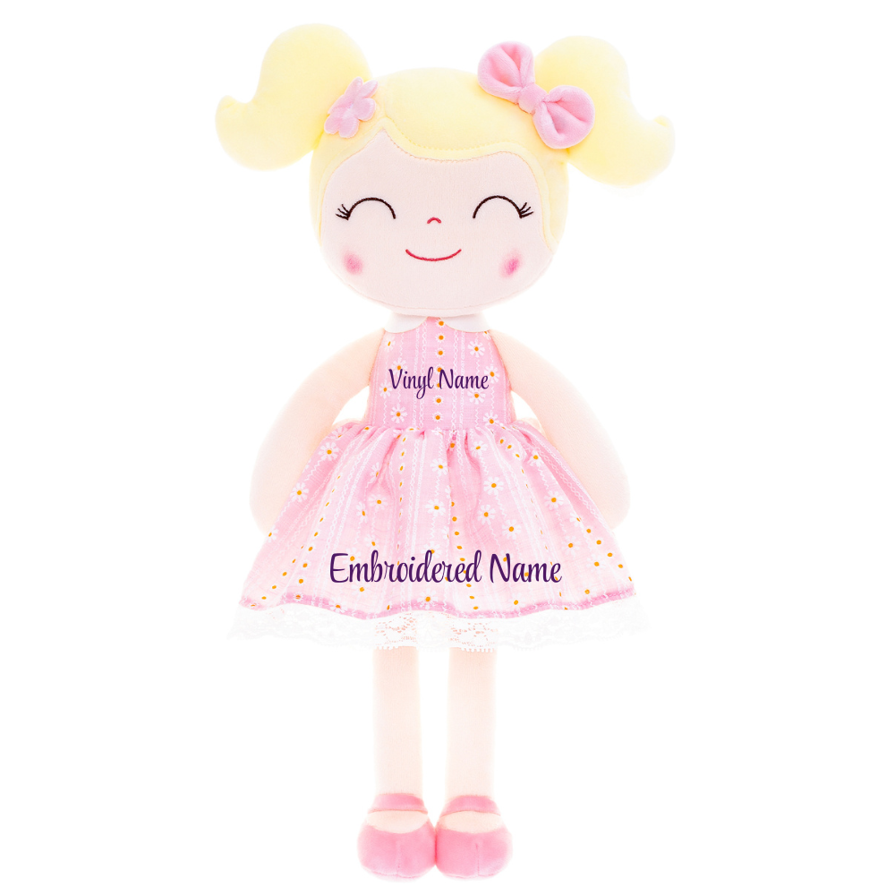 Personalized Plush Doll – Blonde Hair with a Pastel Pink Dress